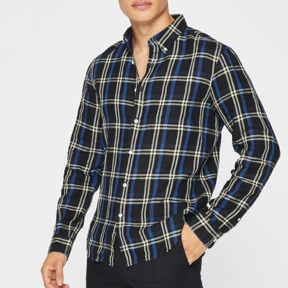 Club Monaco Black Multi Long Sleeve Plaid 100% Linen Button Up Shirt Mens Medium - Picture 2 of 14